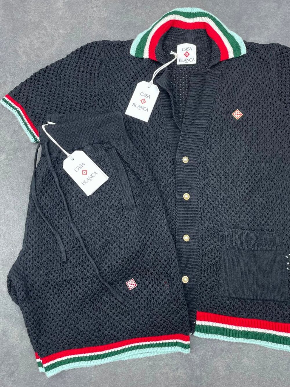 Casablanca Men's Black Crochet Knit Shirt & Shorts Set- Size Medium